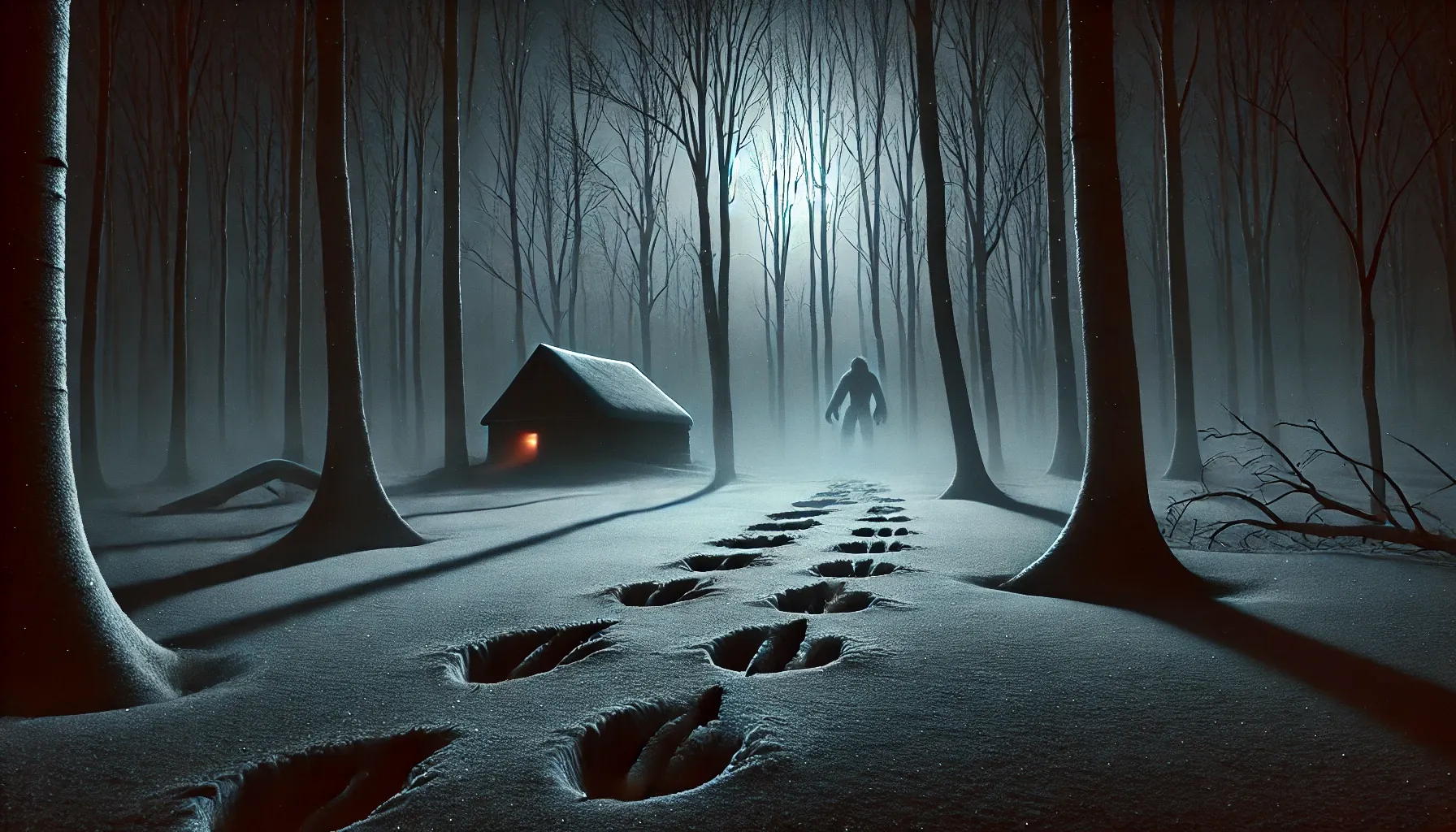 „Düstere, verschneite Waldlandschaft in der Nacht mit einer verlassenen Hütte im Hintergrund. Riesige, krallenartige Fußspuren im Schnee führen ins Dunkel, aus dem rote Augen bedrohlich leuchten.“