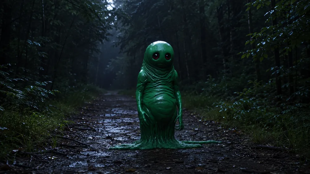 Mysteriöse grüne Gestalt mit großen schwarzen Augen auf einem regennassen Waldweg in der Schwäbischen Alb während der Abenddämmerung.