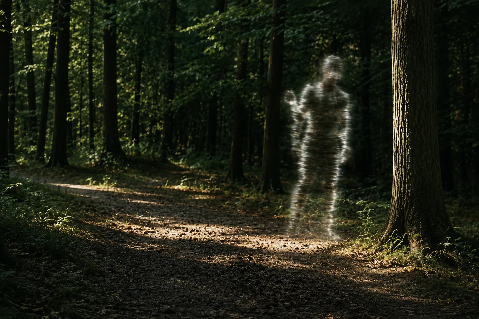 Verschwommene, flimmernde menschenähnliche Gestalt auf einem Waldweg im Nordschwarzwald während einer Hitzewelle.