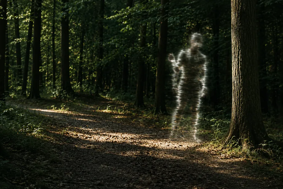 Verschwommene, flimmernde menschenähnliche Gestalt auf einem Waldweg im Nordschwarzwald während einer Hitzewelle.