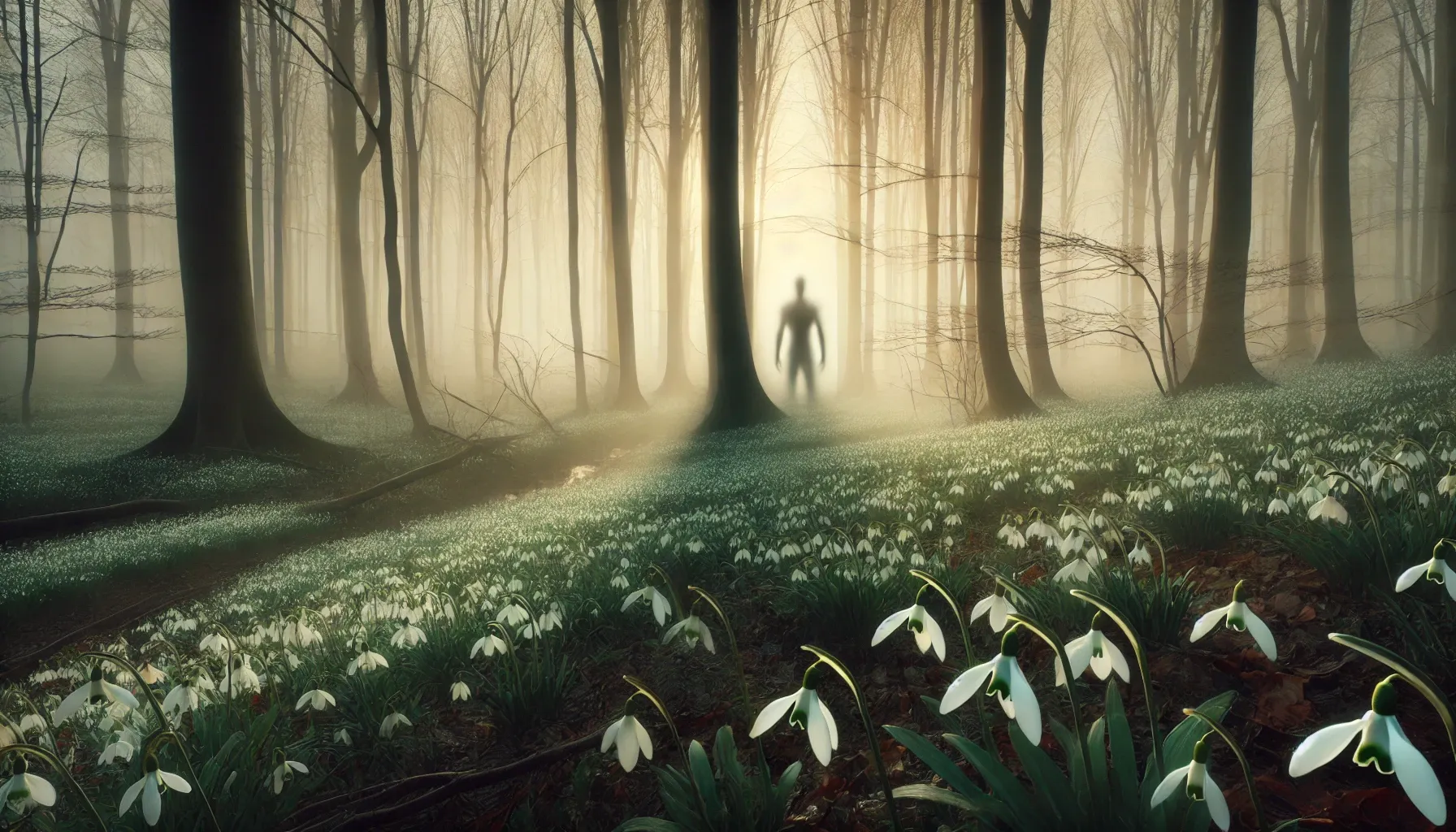 Geheimnisvoller Frühlingswald bei Morgendämmerung mit goldenem Licht, blühenden Schneeglöckchen und einer schemenhaften Gestalt im Hintergrund.